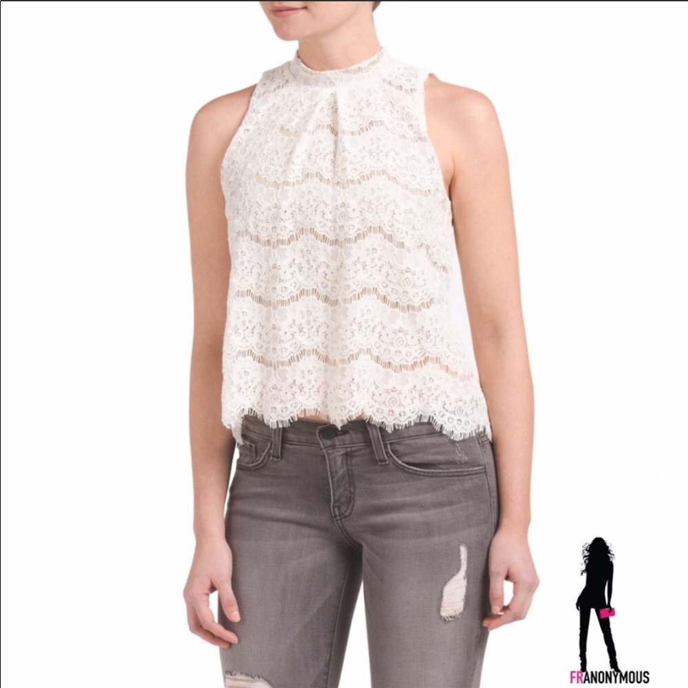 Off White Sleeveless Lace Overlay Top - Picture 3 of 5
